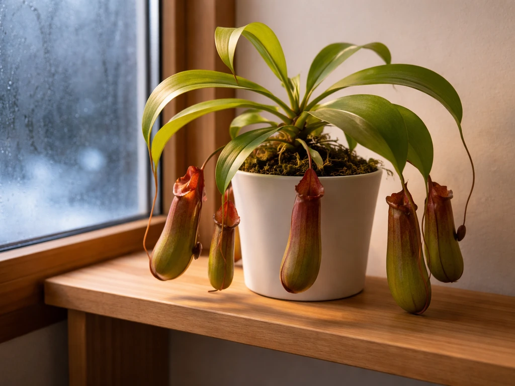 Nepenthes pitcher plant on a bright indoor shelf away from a cold winter window, stable conditions