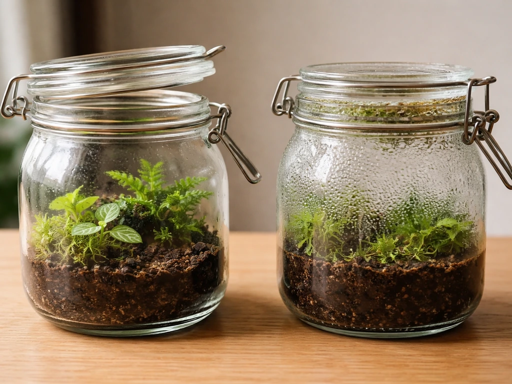 Two small terrariums side by side: open vented one clear, closed one foggy with slight mold risk