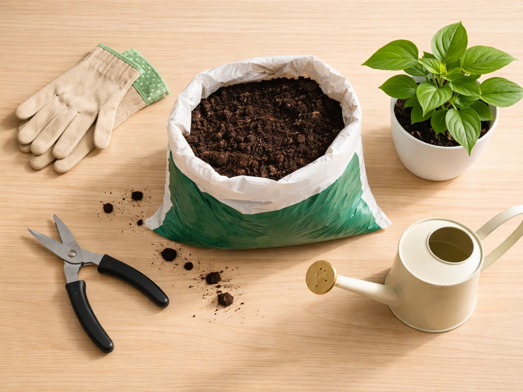 Small potted plant beside potting soil, watering can, and pruning shears on a bright wood table.