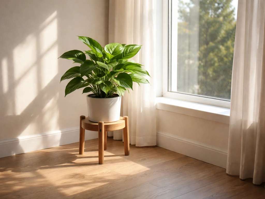 Green potted plant near a bright south-facing window with sunlight pooling on the floor