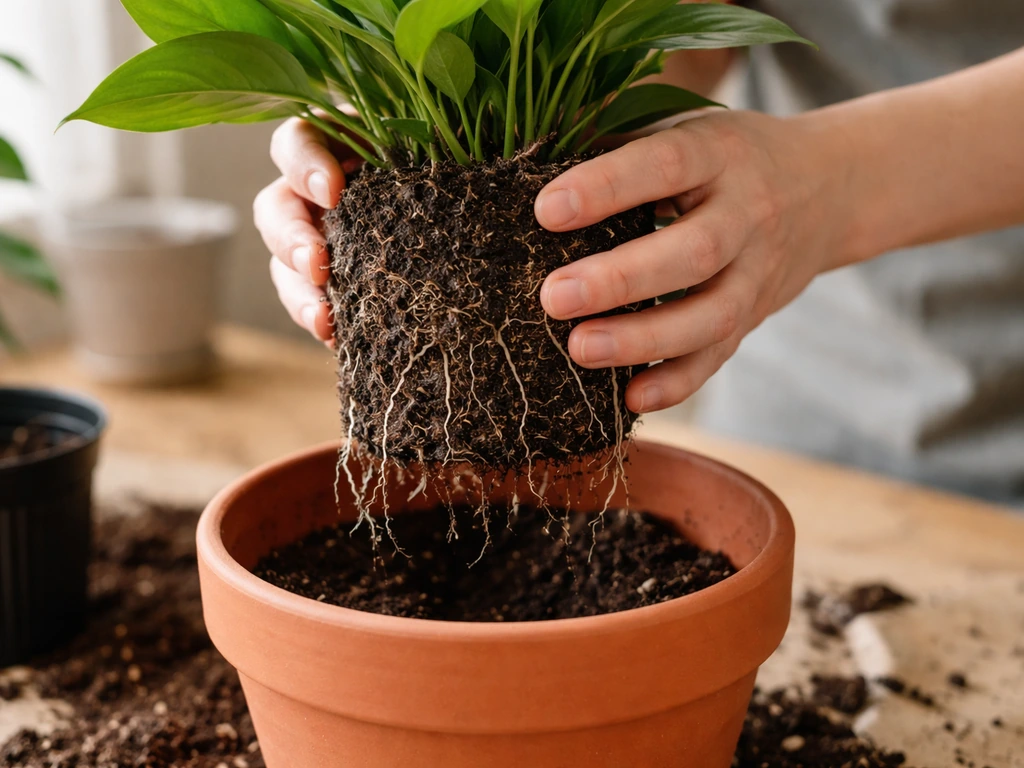 Hands loosening a plant’s root ball and placing it into a new pot with fresh potting mix.