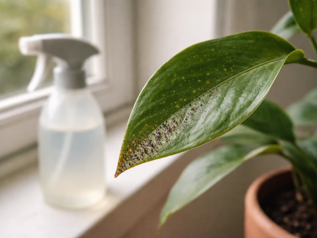 Close-up of a damaged houseplant leaf with subtle webbing and pest specks, with treatment spray nearby.