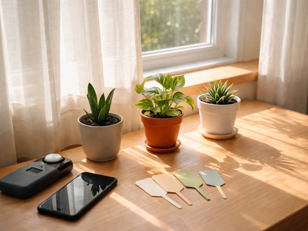 Sunlit window with three small potted plants and a light meter beside a phone for light matching.