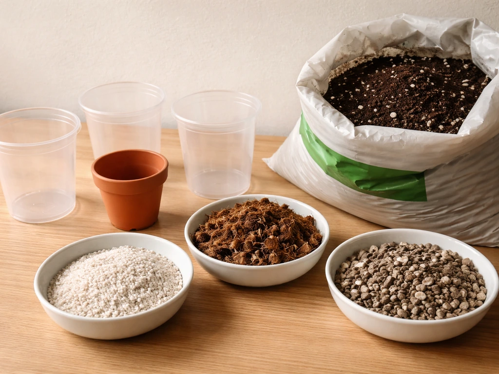 Assorted growing medium supplies and containers arranged for potting plants, with potting mix and drainage materials.