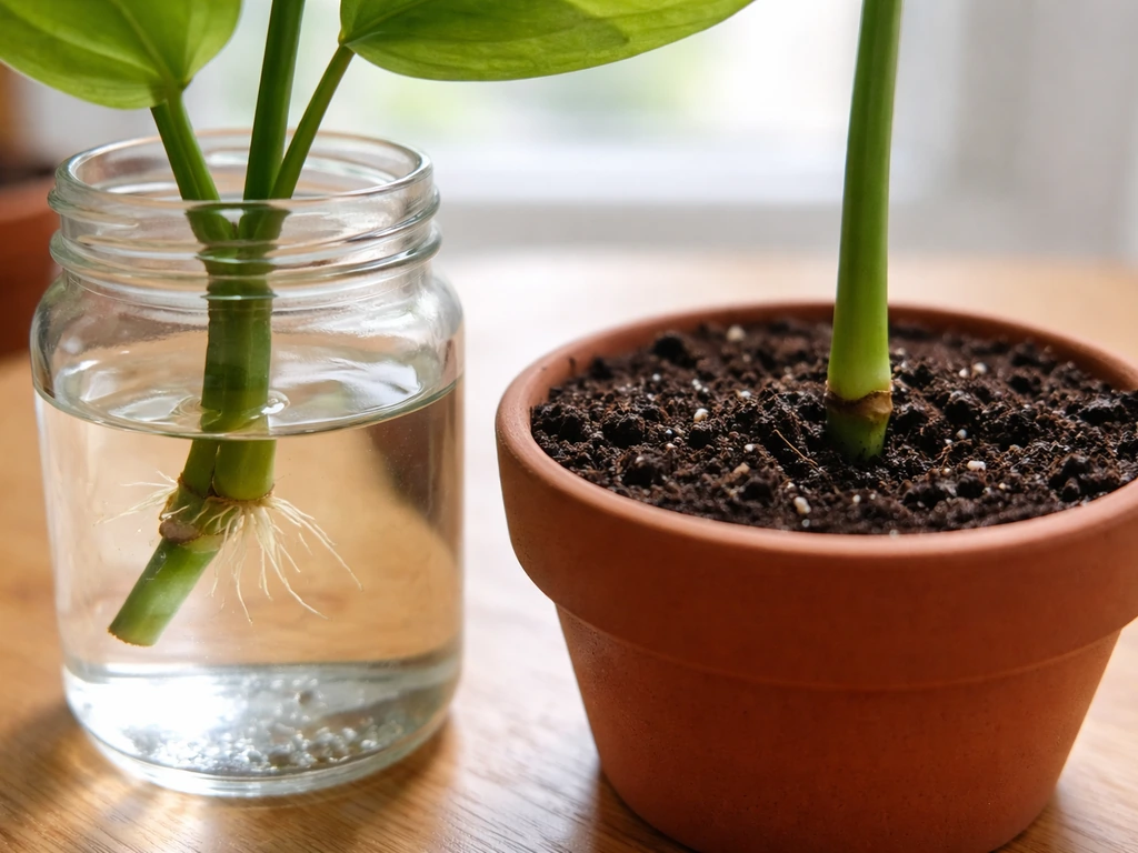 Two cuttings side-by-side: one rooted in a glass of water, the other in a small pot of moist soil.