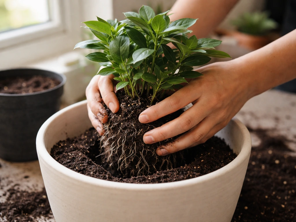 Hands loosening a plant’s root ball and placing it into a larger pot with soil filled around the roots.