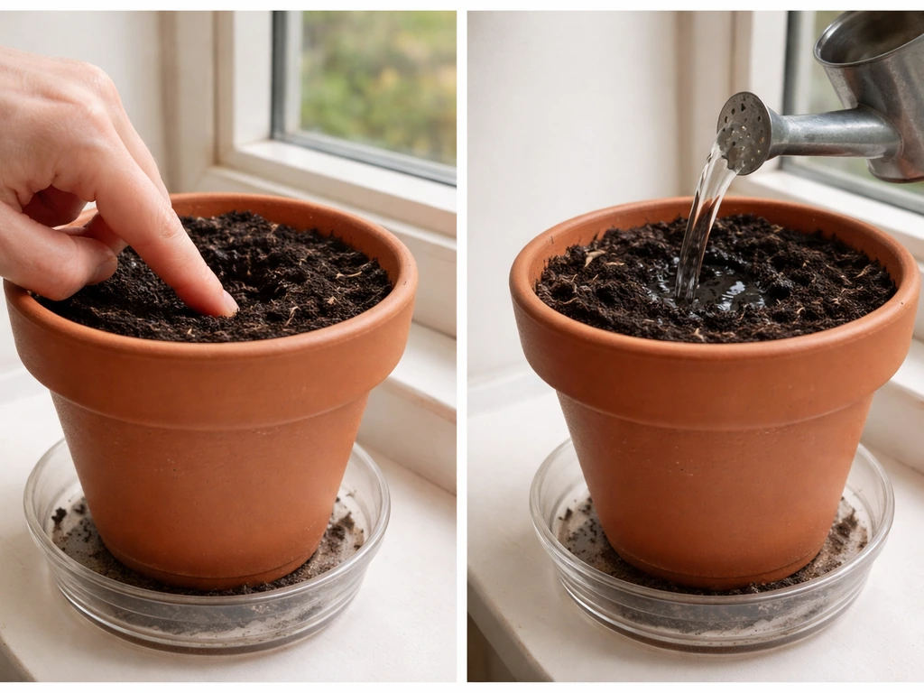 Hand checks soil moisture 1–2 inches in a potted plant, then thorough watering with water in tray.