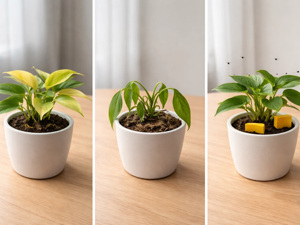 Three small potted plants showing yellowing leaves, drooping from dryness, and fungus gnats near sticky traps.