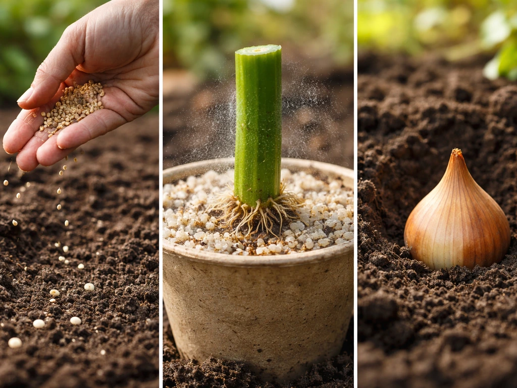 Collage showing seed-throwing, a rooted cutting in medium, and a bulb planted in soil.