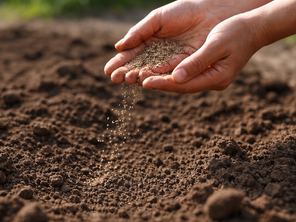 Hands scattering seeds over a loosened garden soil bed in natural light