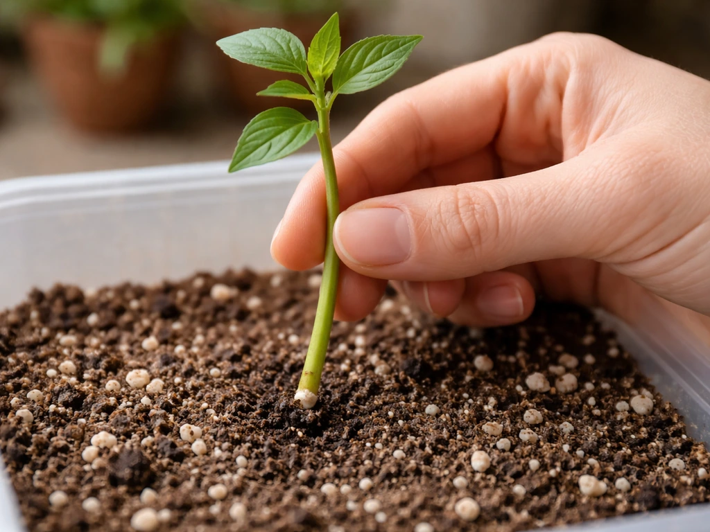 Close-up of trimmed plant cutting with a fresh node cut above moist rooting medium in hands