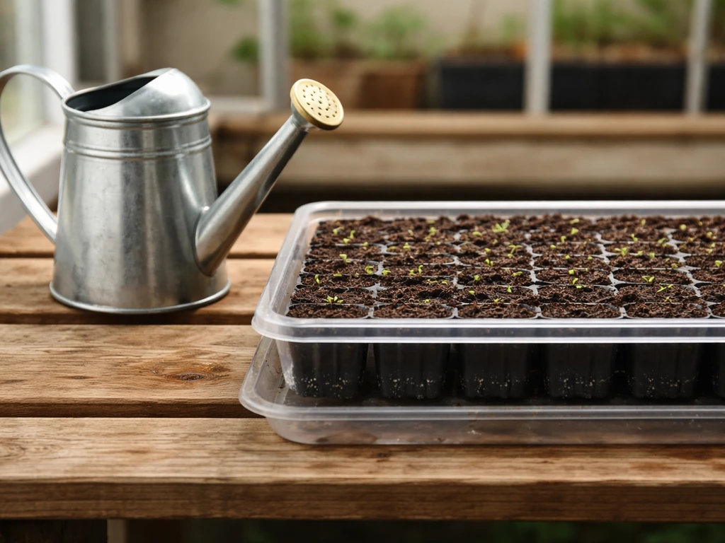 Small watering can beside a moist seed tray with damp drainage tray, no pooling water.