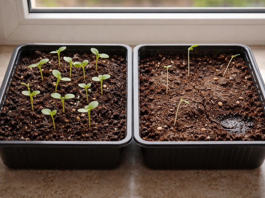 Side-by-side seed trays showing healthy sprouts versus leggy or stalled seedlings with dry/overwet soil cues.