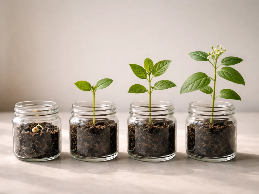 Four clear jars on a table showing a plant’s growth stages from seed to seedling to flowering/fruiting.