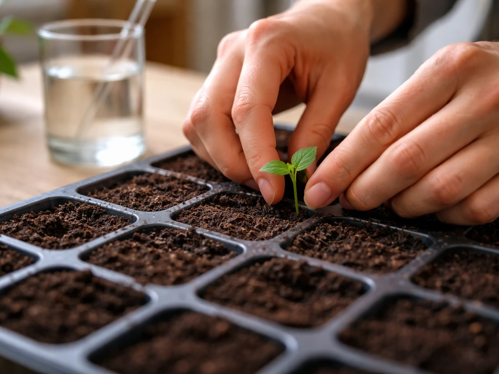 Hands placing a small seedling into a separate seed tray cell with fresh soil.