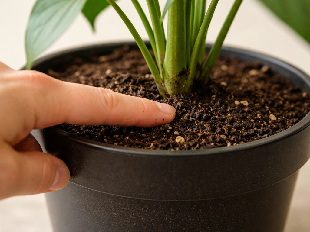 Close-up of a hand pressing a finger into soil near a plant stem to test moisture before watering.