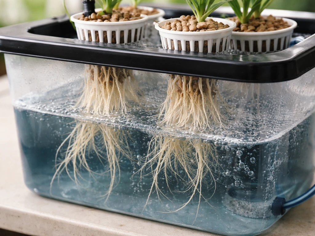 Close-up of a deep water culture hydroponics reservoir with net pots and roots in nutrient solution.