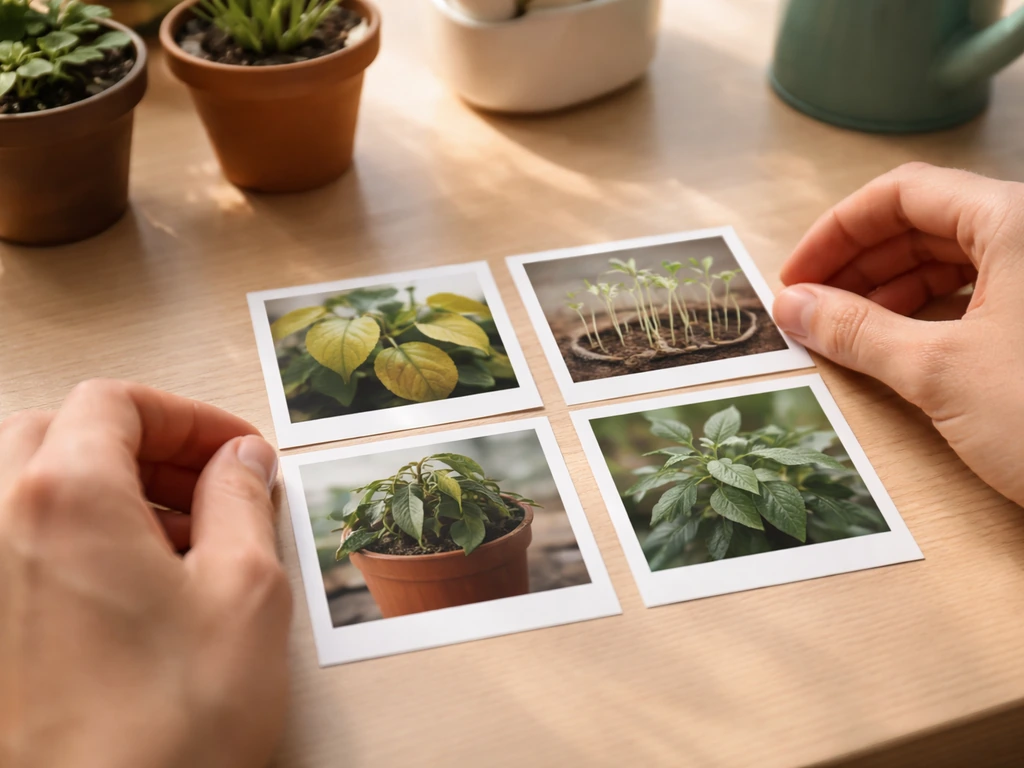 Hand arranging small plant symptom photos on a desk for progress check and troubleshooting.