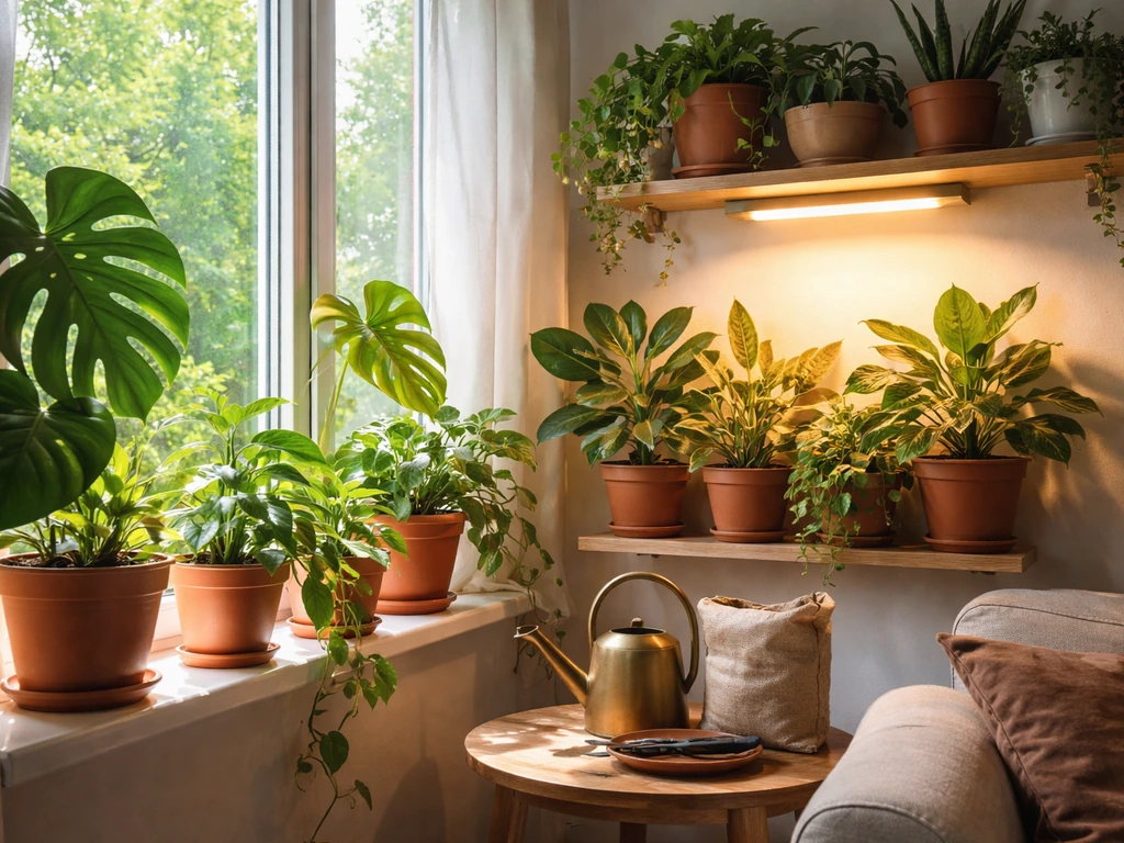 Healthy potted plants on a window sill and wall shelf under a warm grow light in a bright home