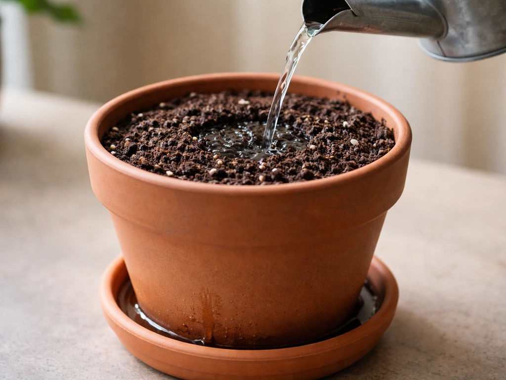 Slow pour from a watering can into a houseplant pot until runoff begins, soil darkening from deep watering