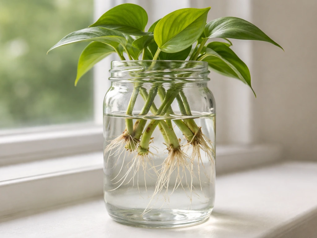Close-up of cuttings in a clear glass jar with nodes submerged and fresh roots forming in water.