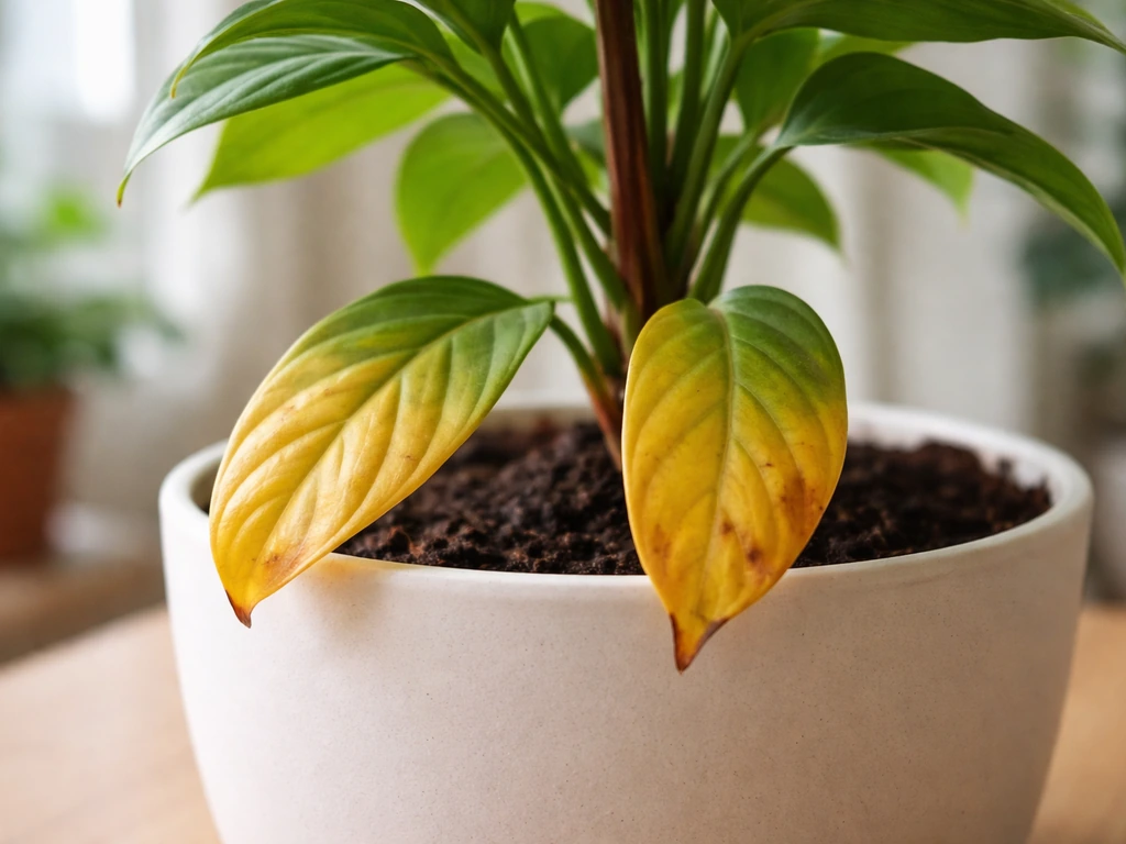 Close-up of an indoor plant’s older lower leaves turning yellow, with soil and stem visible.