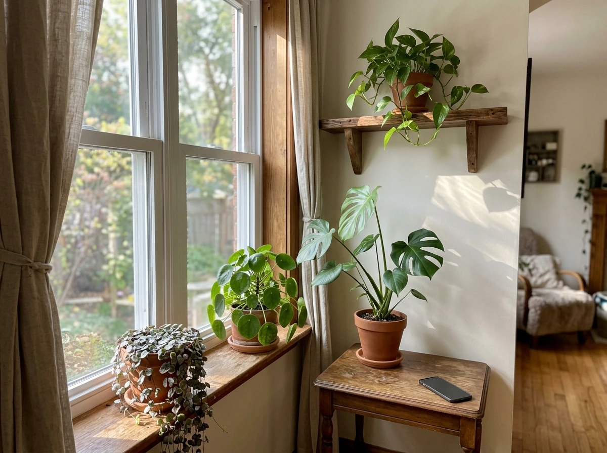 Snake plant and a few houseplants matched to available sunlight in a bright room