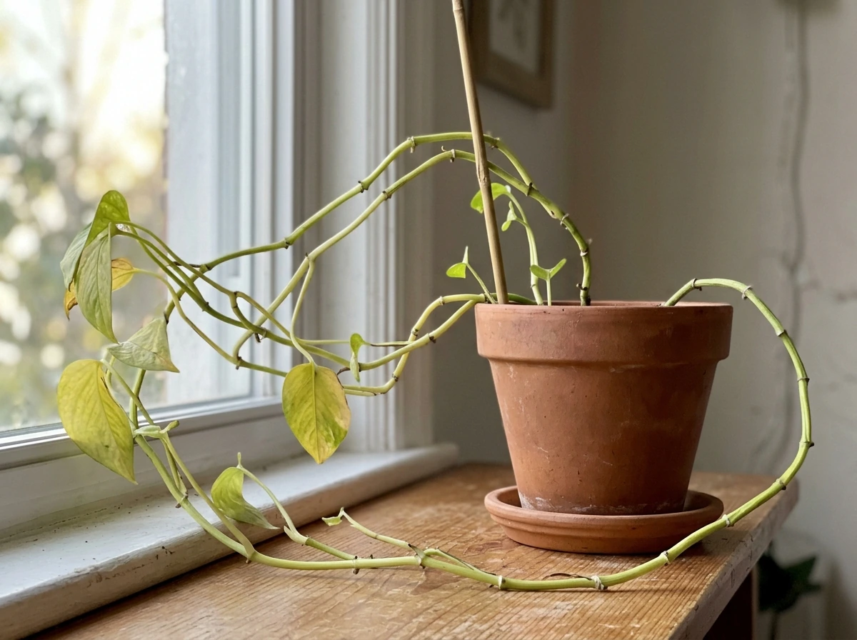 Close-up of a plant’s leaves stretching toward a window showing leggy light deficiency