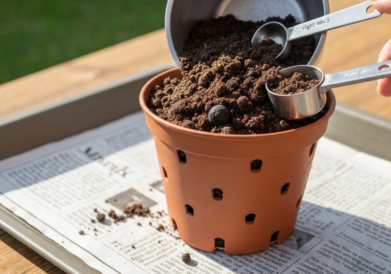 Potting mix being scooped into a container labeled only by color (no readable text)