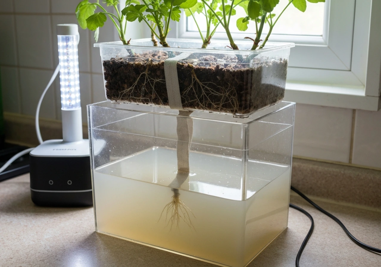 Wick hydroponic setup with a reservoir and growing container holding roots
