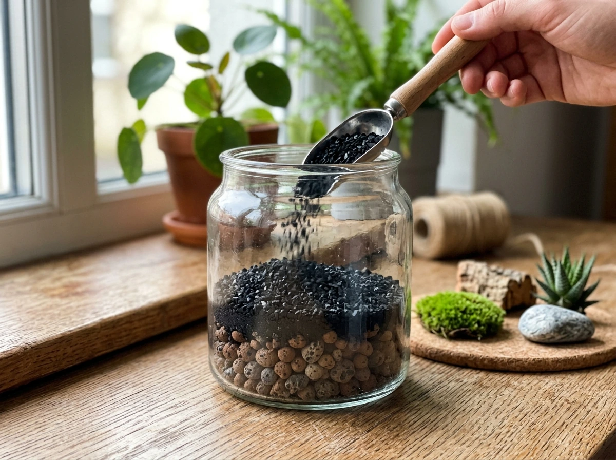 Terrarium setup with drainage layer pebbles/LECA and activated charcoal