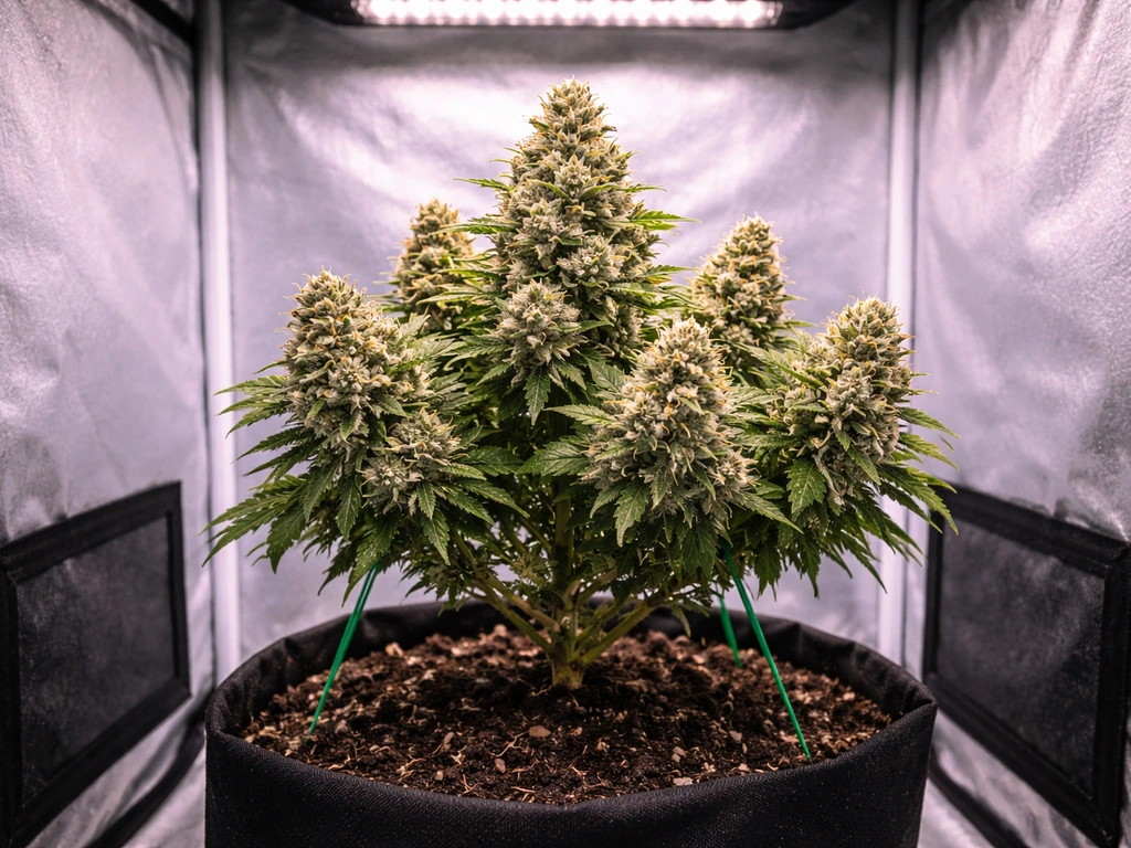 Compact indoor plant with dense, big buds growing inside a small grow cabinet.