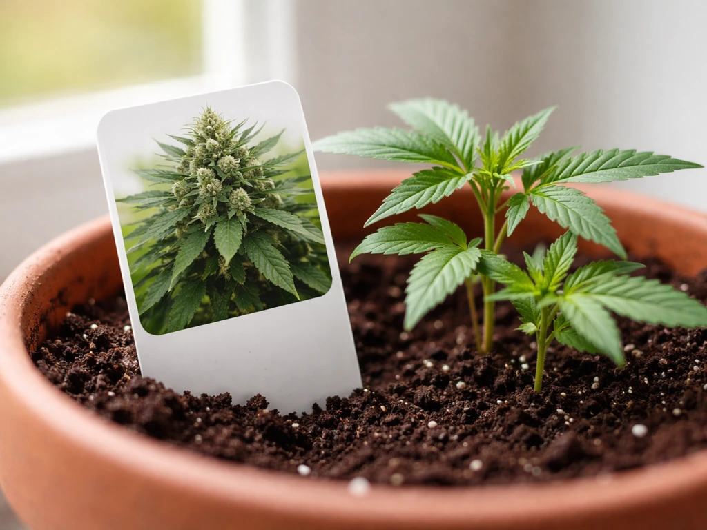 Close-up of young seedlings next to a blank variety tag, suggesting choosing compact strains first. Style: candid iPhone