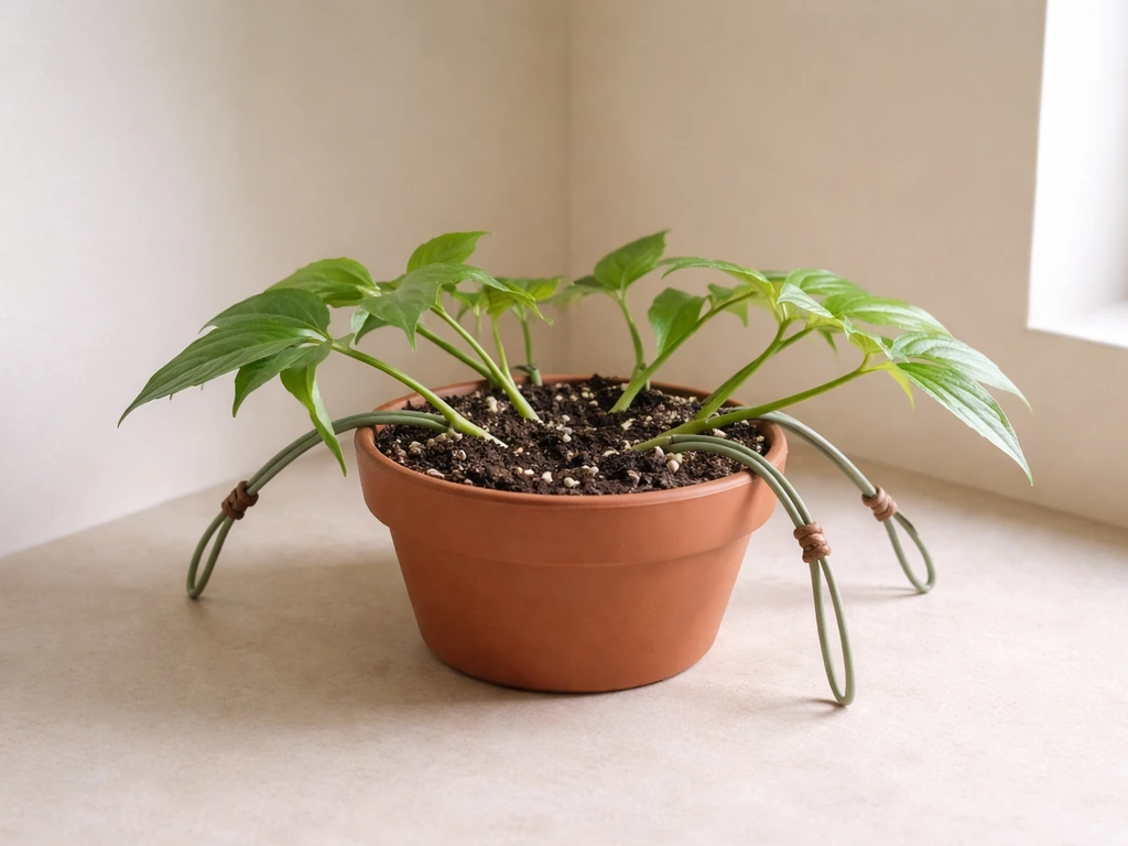 Small potted plant with flexible stems gently bent outward and tied low to form a wide canopy
