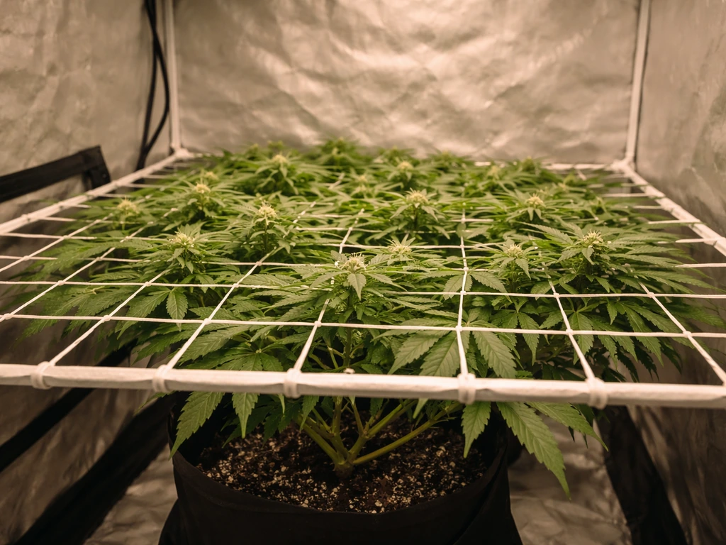 Cannabis branches woven through a taut SCROG net in a grow tent to form an even canopy.
