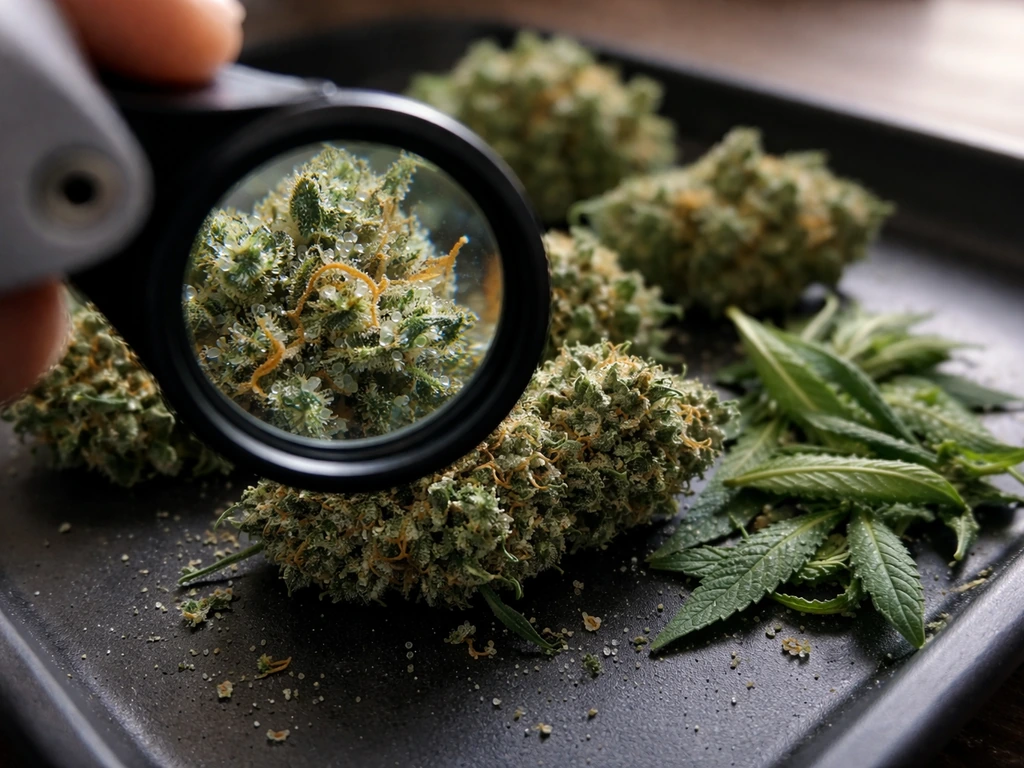 Jeweler’s loupe inspecting harvested cannabis buds, with trichomes and pistils visible.