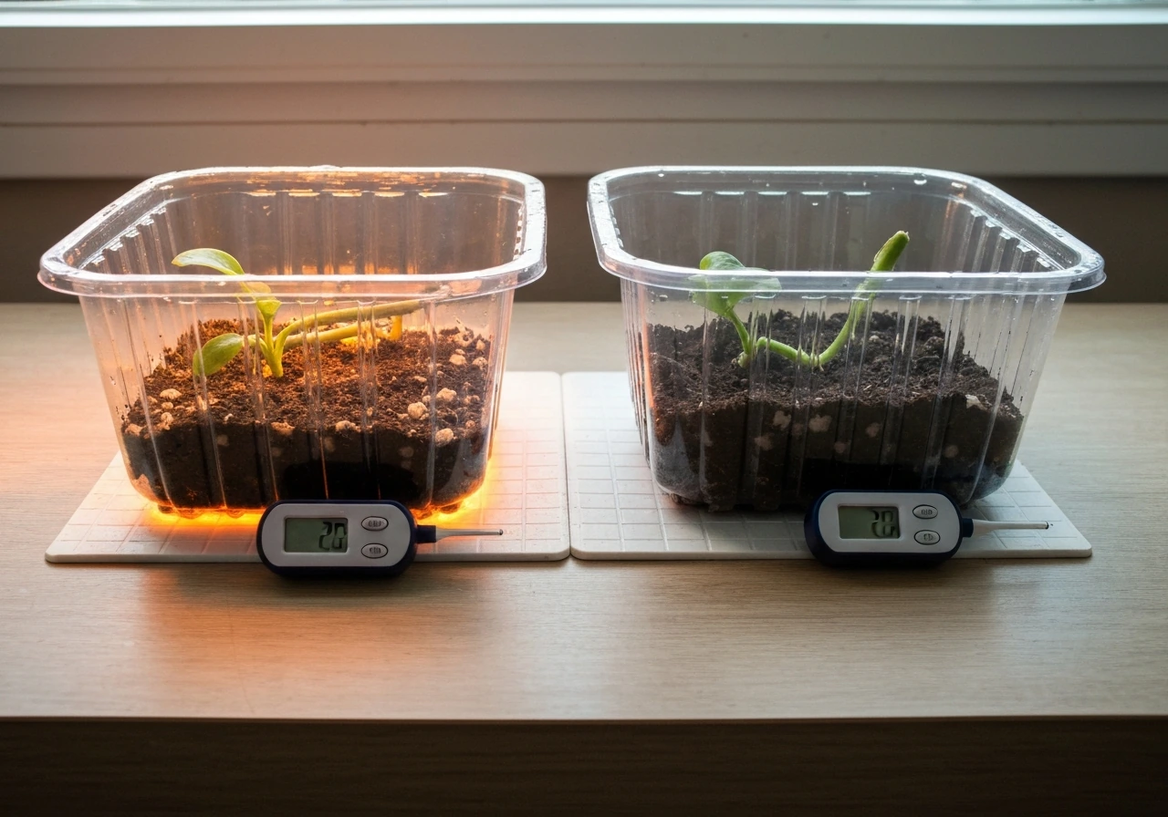 Two clear plant propagation containers side-by-side on a warm mat, showing different root-zone temperatures