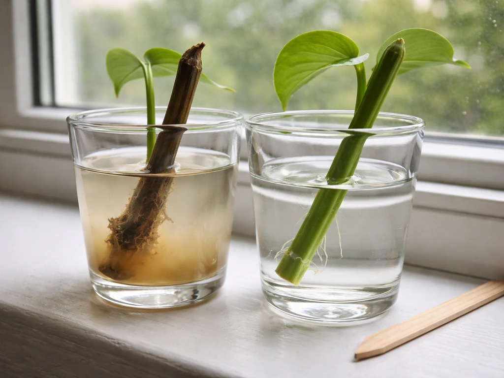 Two water glasses with plant cuttings: one browned and mushy, the other green and healthy.