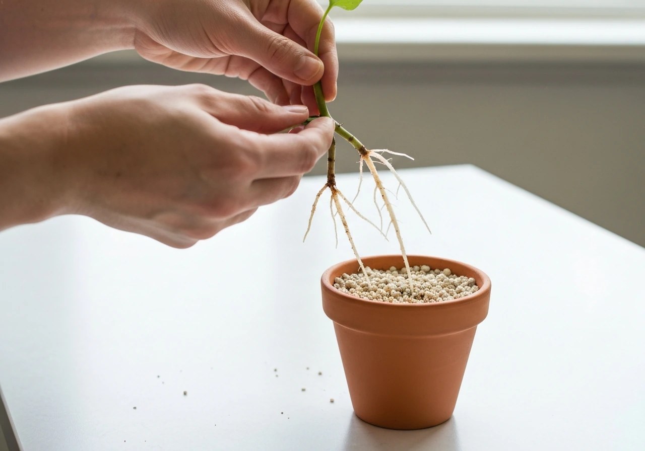 Hands holding a young water-rooted cutting as it’s placed into a small pot of well-draining mix.