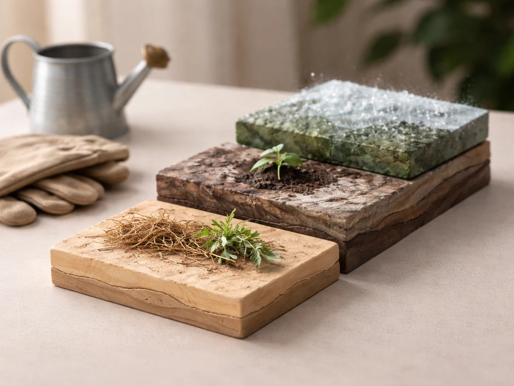 Minimal tabletop model of Arizona microclimates using desert, mid, and high landscape tiles with garden cues.