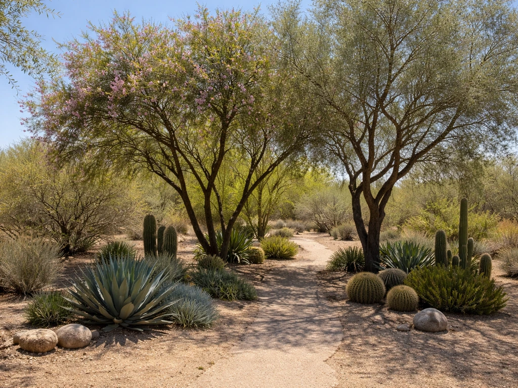 Desert willow, palo verde, and ironwood shade trees with agave and cacti in a thriving Arizona yard.