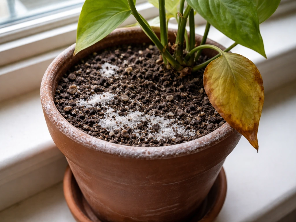 Potted plant soil with white salt crust and a nearby yellowing leaf, suggesting high-salt water buildup