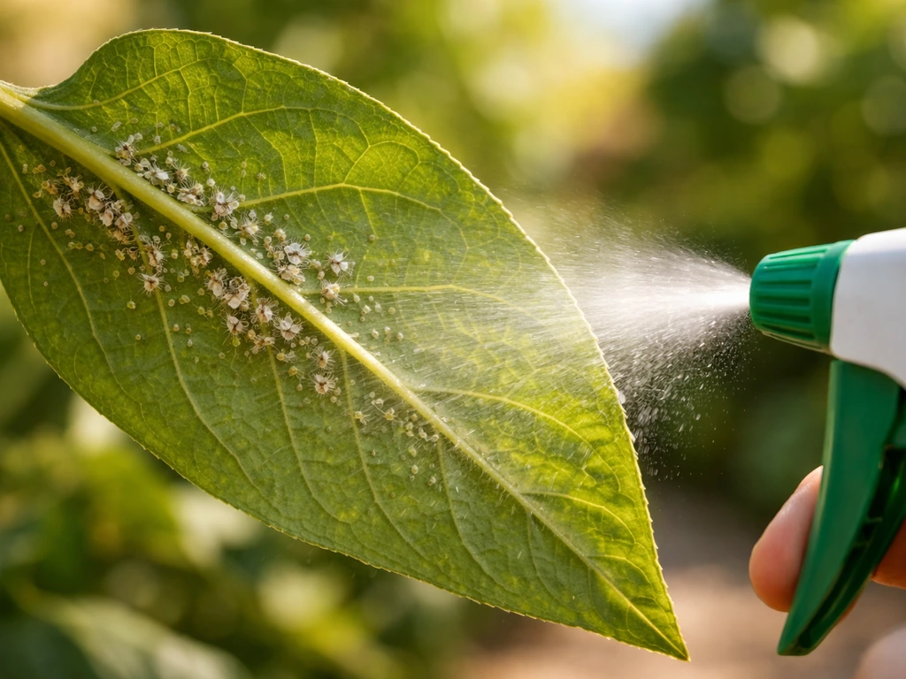 Close-up of a green leaf with tiny aphids and whiteflies as a spray of water and soap mist covers it