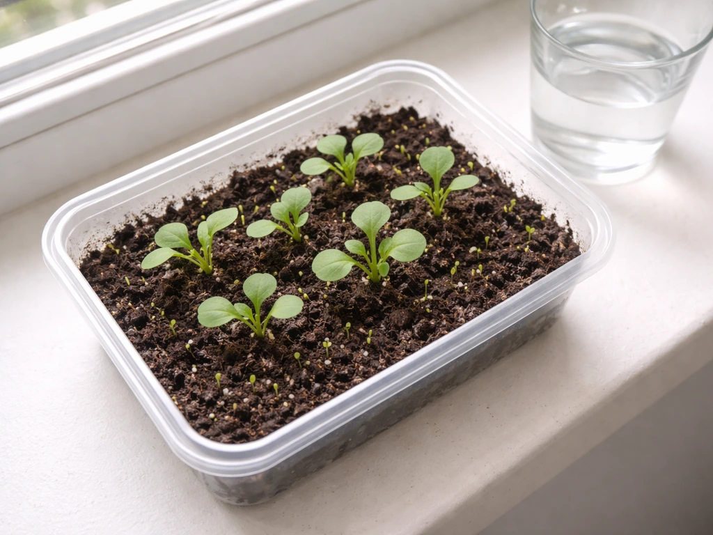 Top-down view of small arugula seedlings in a soil container by a bright window indoors