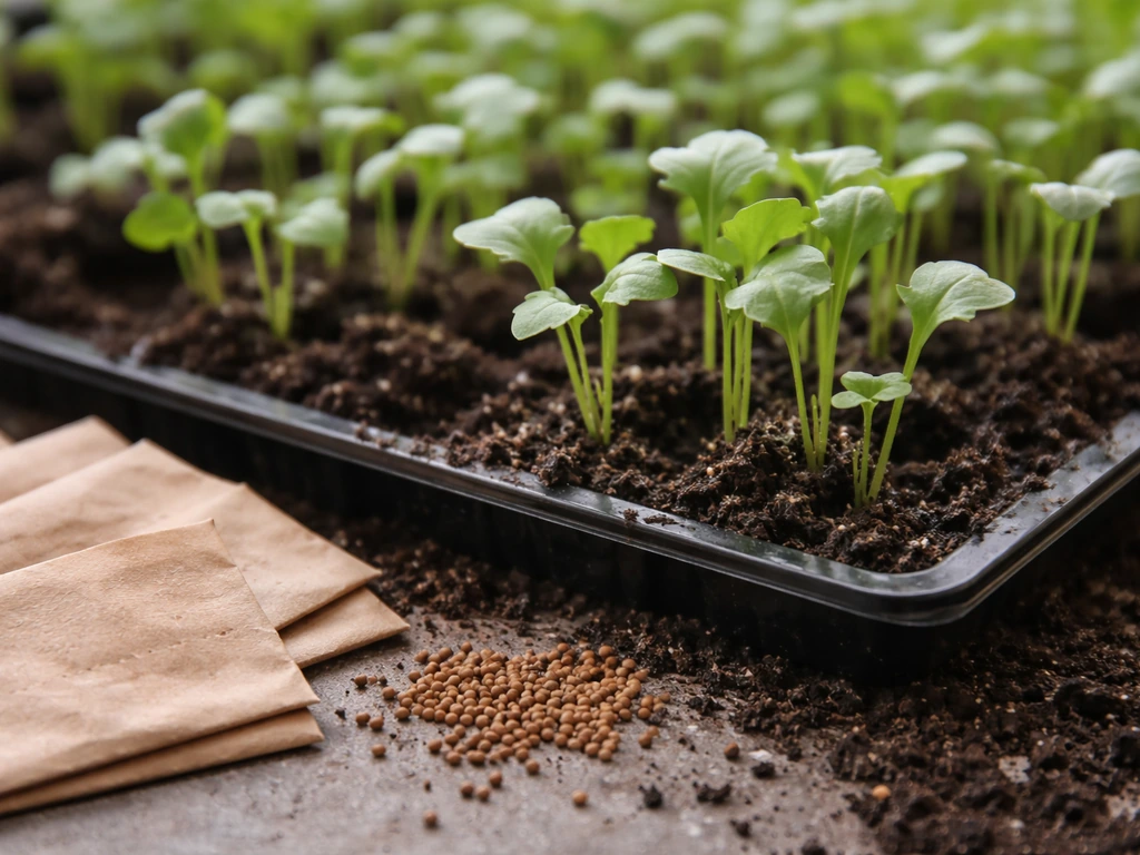 Close-up of arugula (rocket) seedlings beside loose seeds and seed packets in a simple garden setup.