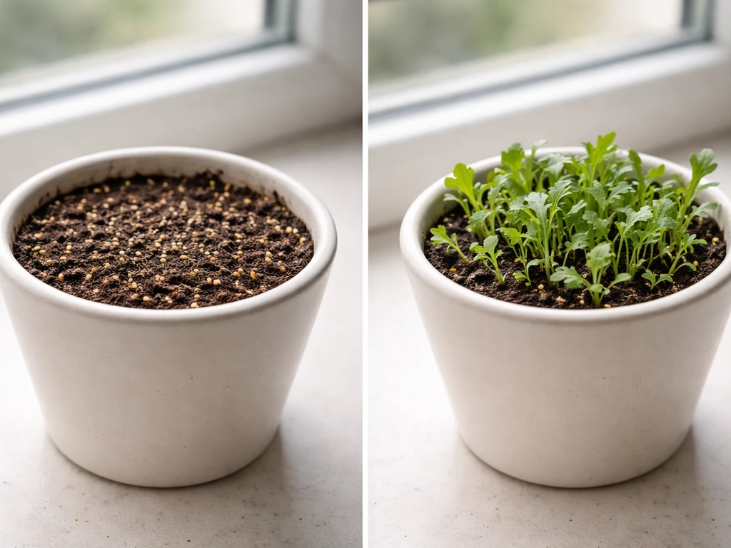 Two identical indoor pots: one with sown rocket seeds and one with young rocket seedlings a few weeks later.