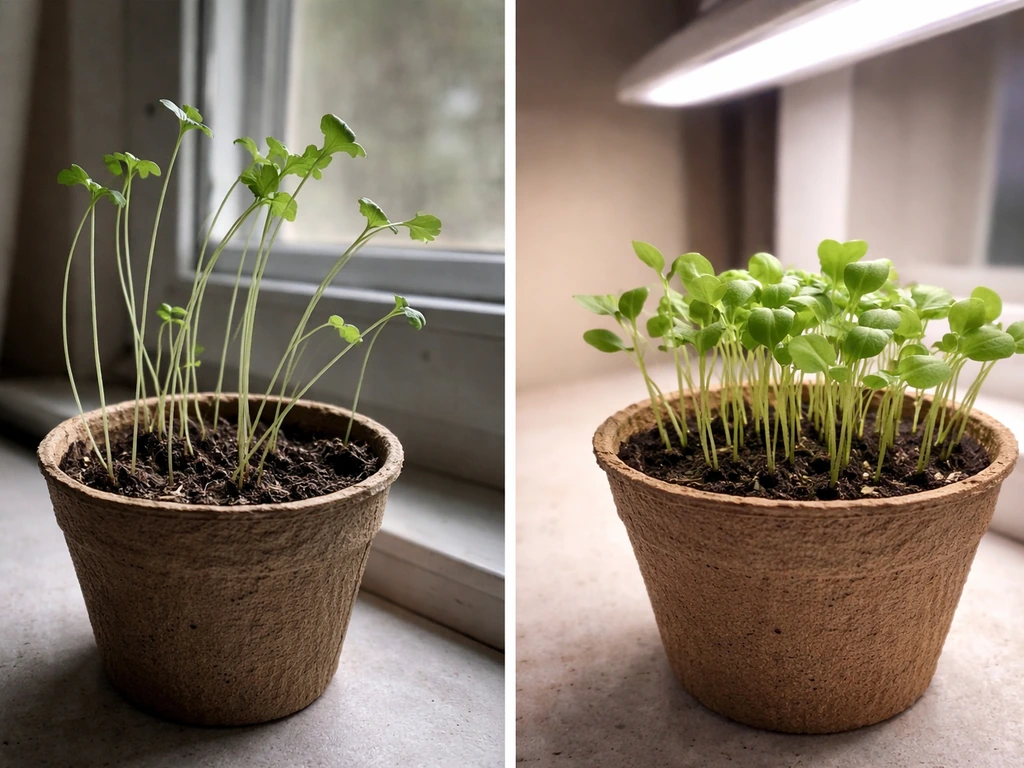 Split scene of leggy seedlings leaning in dim light versus compact seedlings under a grow light.