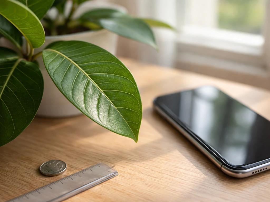 Close-up leaves beside a smartphone taking a reference photo with a small coin for scale.
