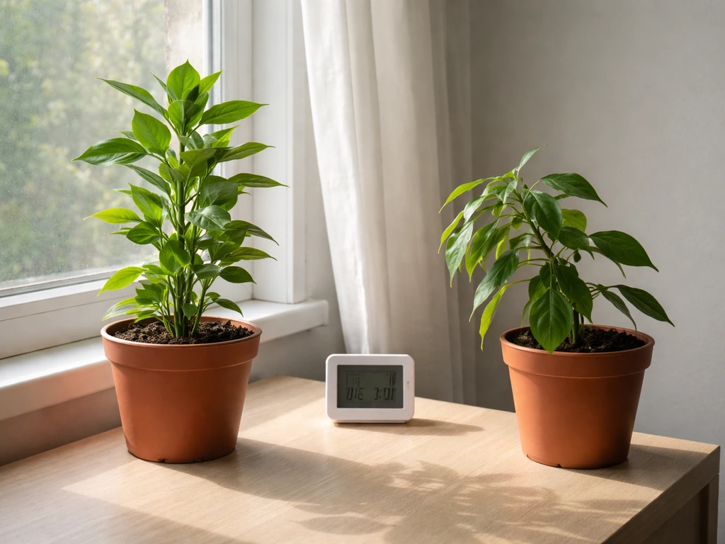 Two indoor plants by a window, one leaning under light; a small thermometer-hygrometer in frame.