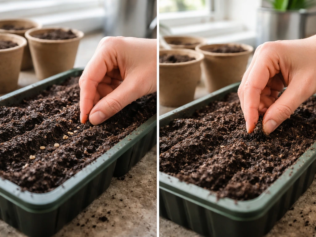 Close-up of seeds being sown into moist seed-starting mix in a tray and small pots.